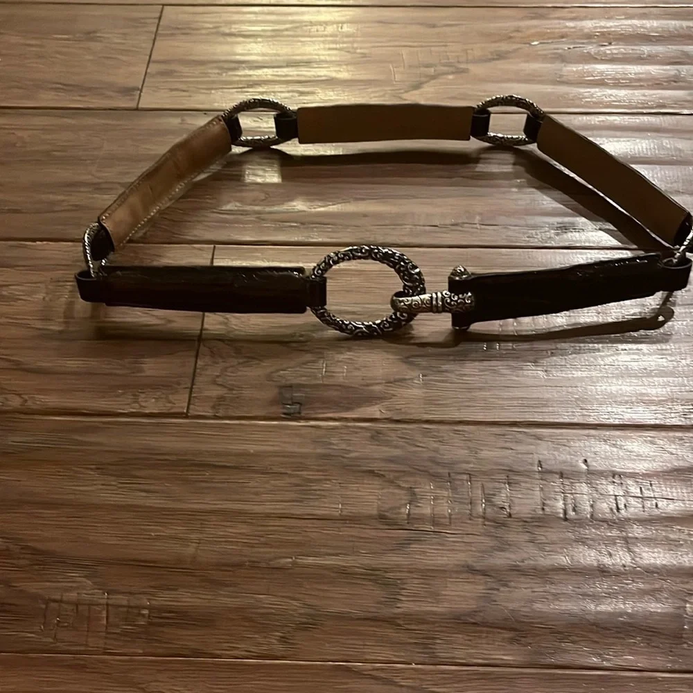 Brighton Cher Brown Stretch Embossed Belt with Silver Hardware Accents 34”